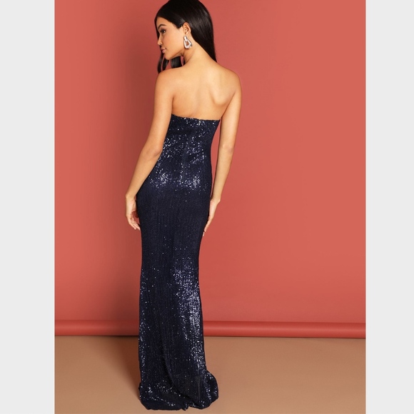 Navy Sequin Strapless Gown Long Dress Bodycon - Picture 3 of 8